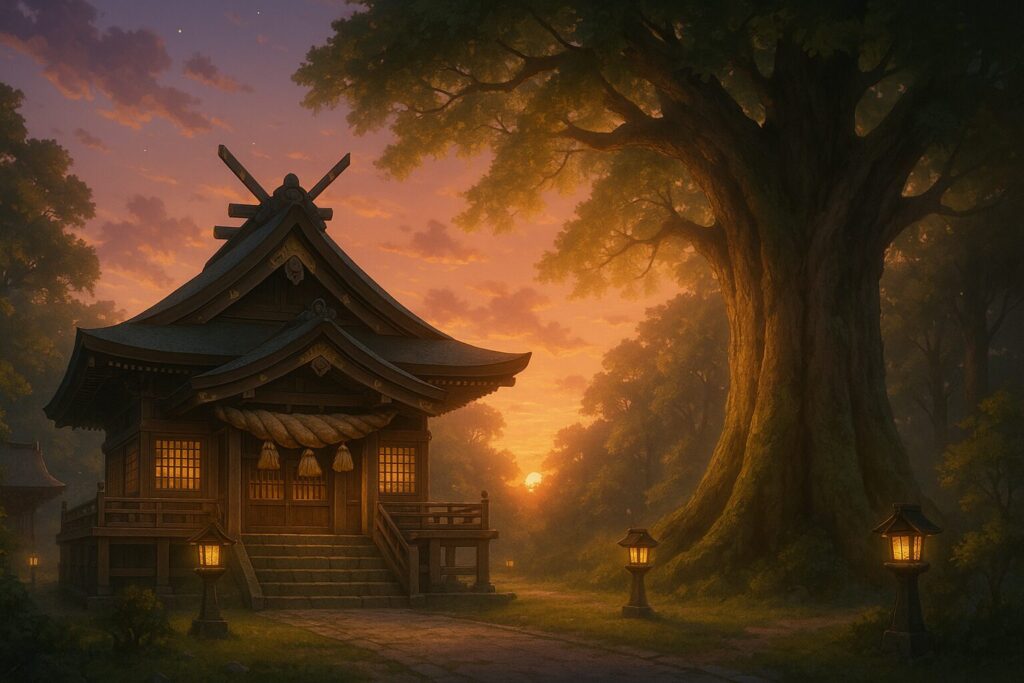 夕暮れに写る神社