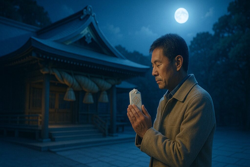 お守りを握り、祈る男性