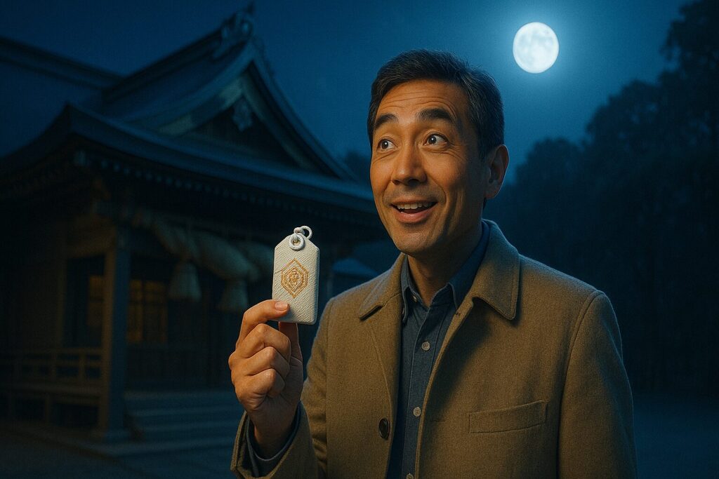 晴れやかな表情でお守りを持つ男性