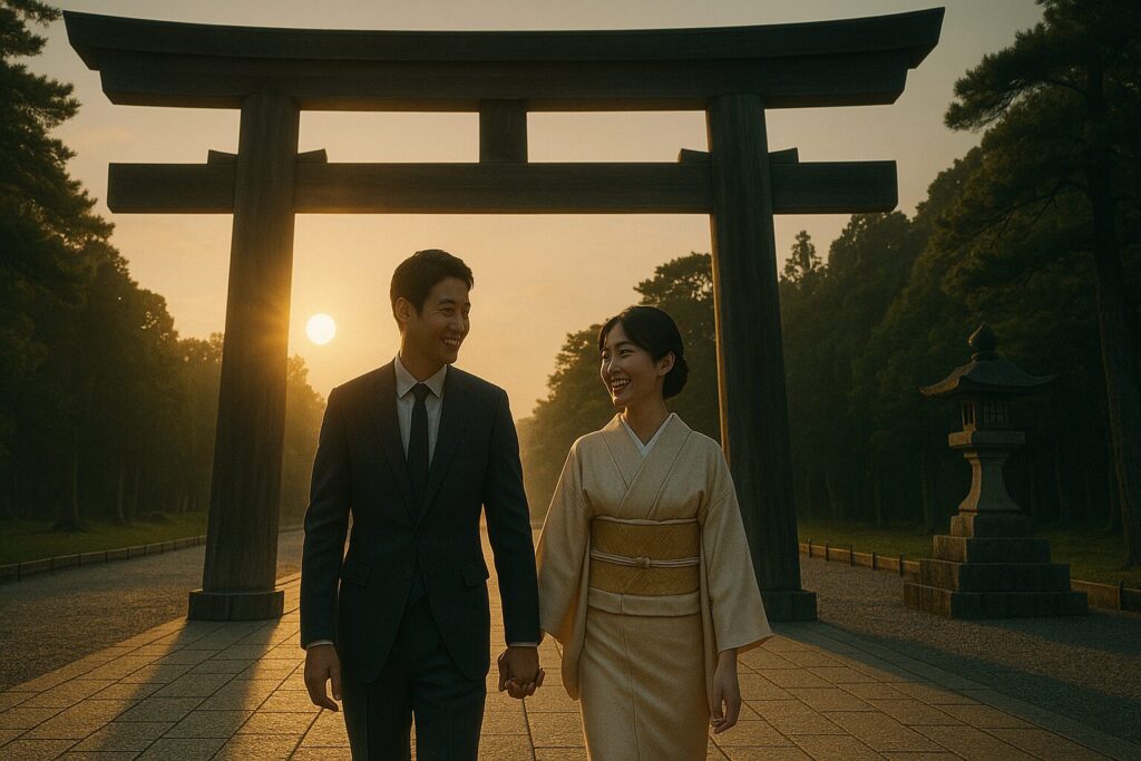 夫婦で鳥居をくぐっている様子