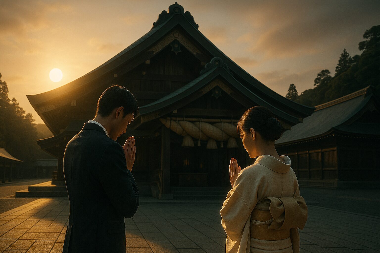 夫婦で出雲大社を参拝している様子