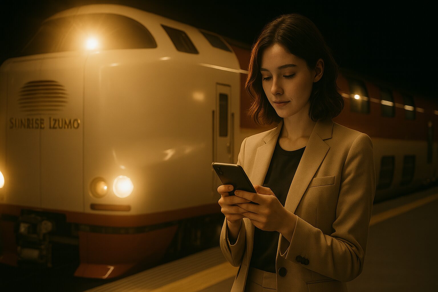サンライズ出雲とスマホを操作する女性
