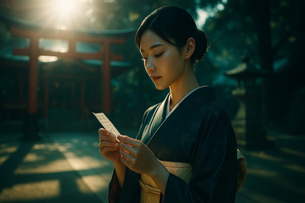 おみくじを見ている女性