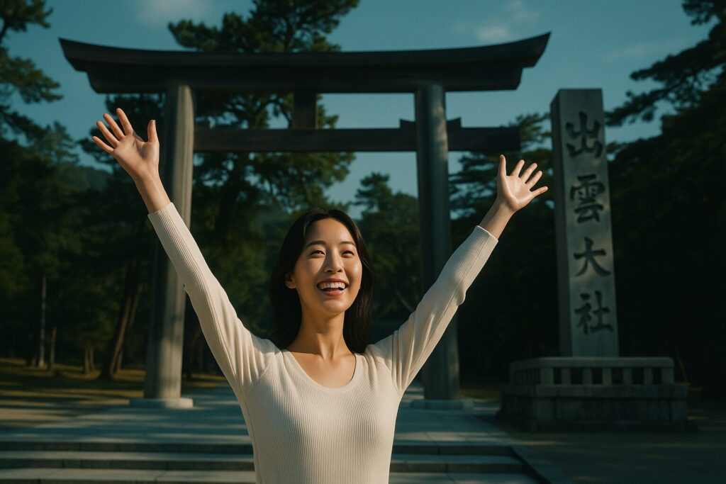 出雲大社の前で女性が喜んでいる様子