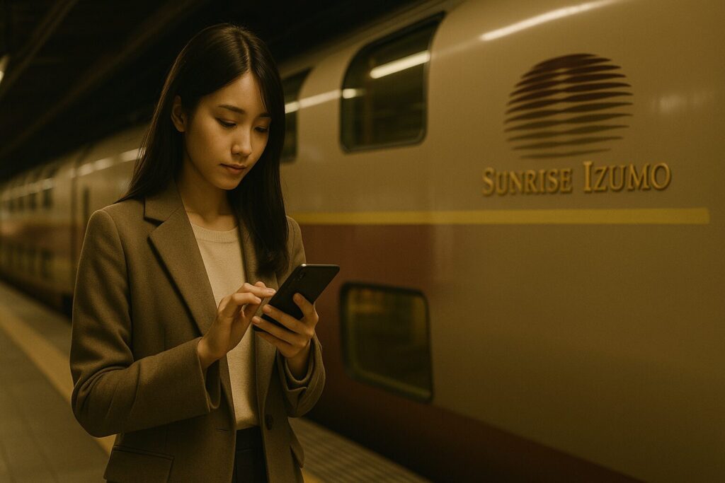 サンライズ出雲の前でスマートフォンを操作している女性