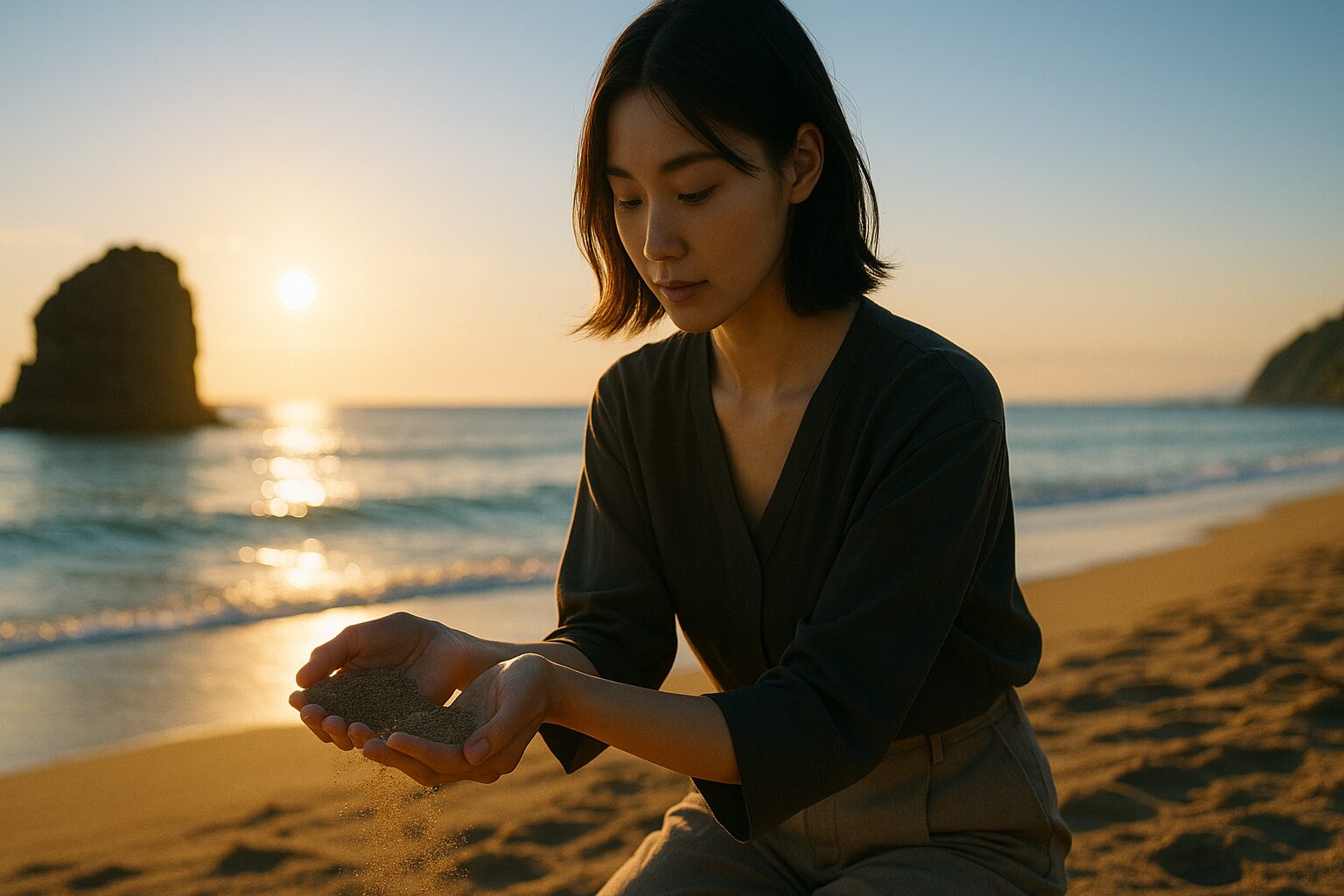 稲佐の浜で砂をすくっている女性