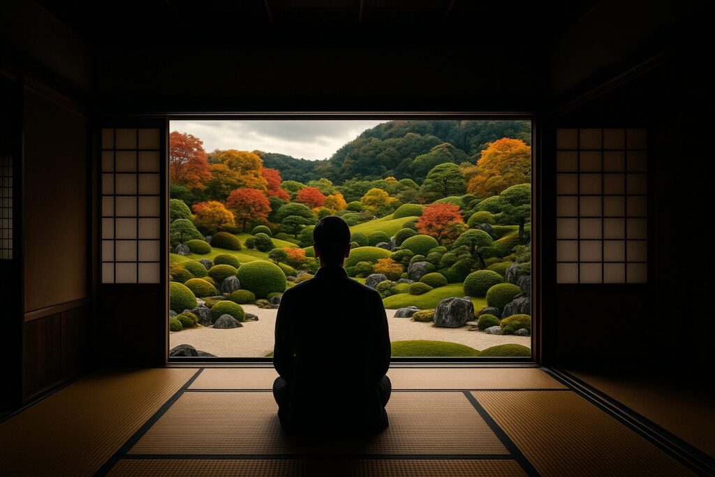 茶室から庭園を見ている男性