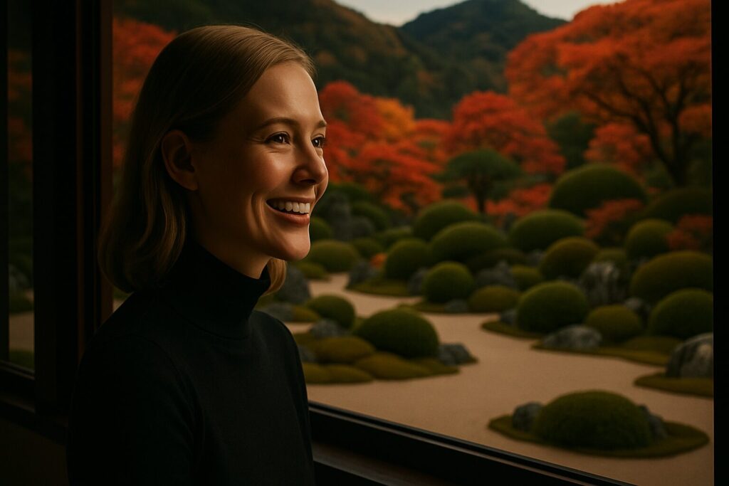庭園を眺めて笑顔の女性