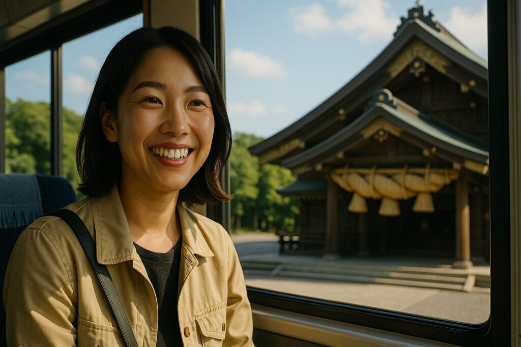 笑顔でバスに乗っている女性