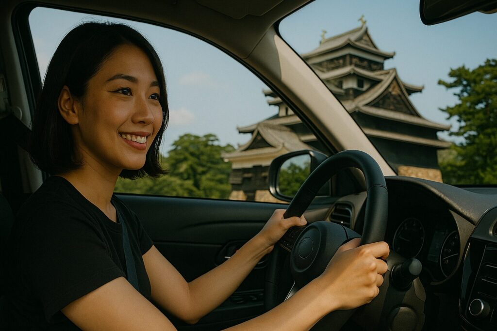 松江城を背景に車を運転している女性