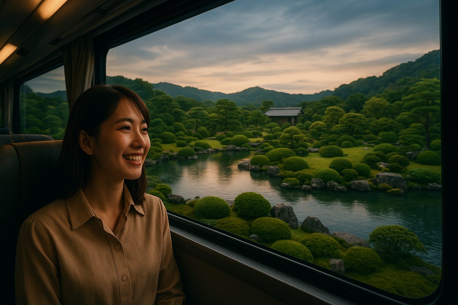 バスから足立美術館を眺めている女性