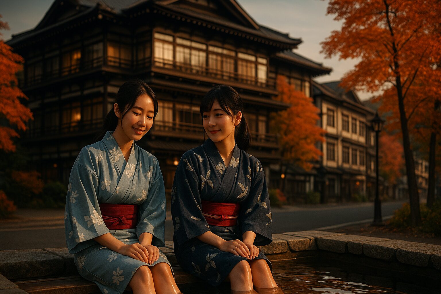 浴衣姿で足湯に浸かる2人の女性