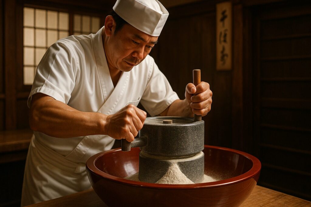 職人がそばを挽いている様子