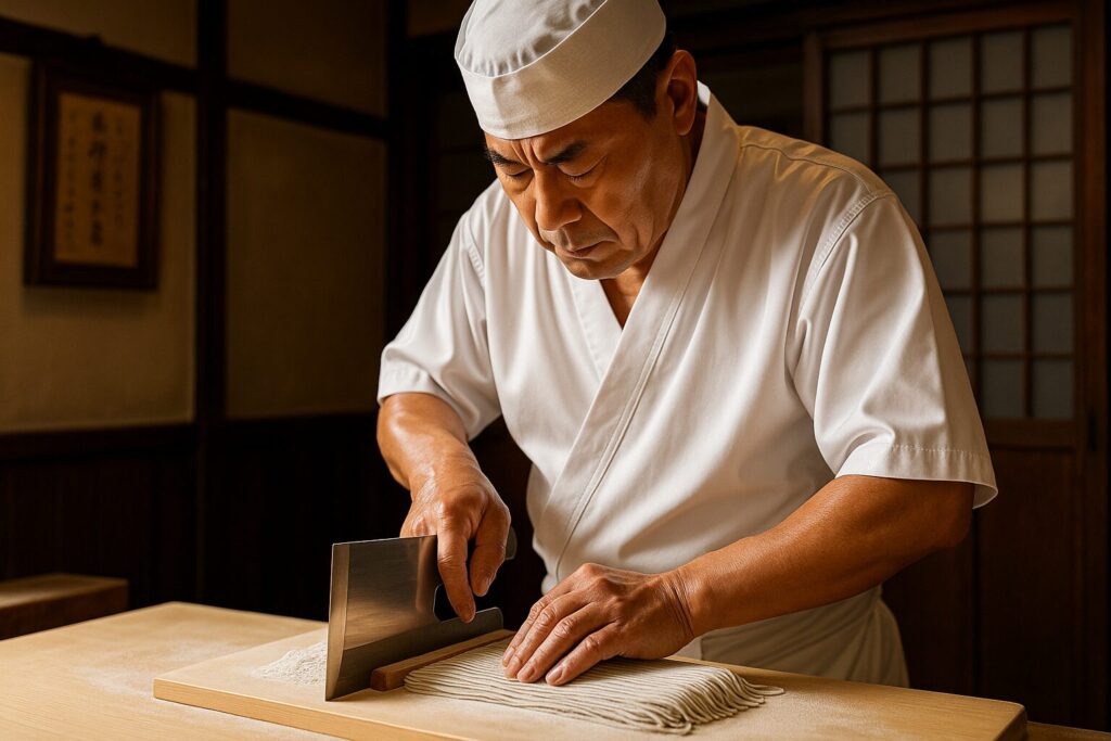 そば打ち職人がそばを切っている様子