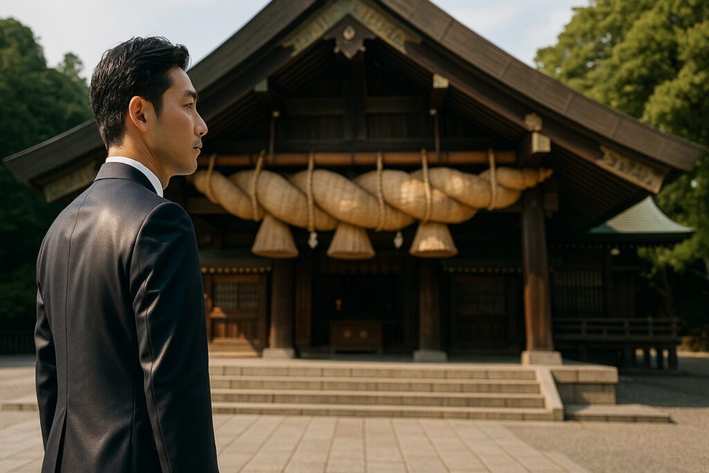 スーツで出雲大社を参拝する男性