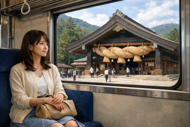 電車の窓から出雲大社が見える様子