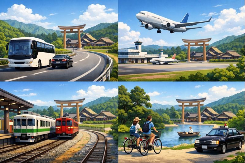 様々な交通手段で出雲大社へ行く様子