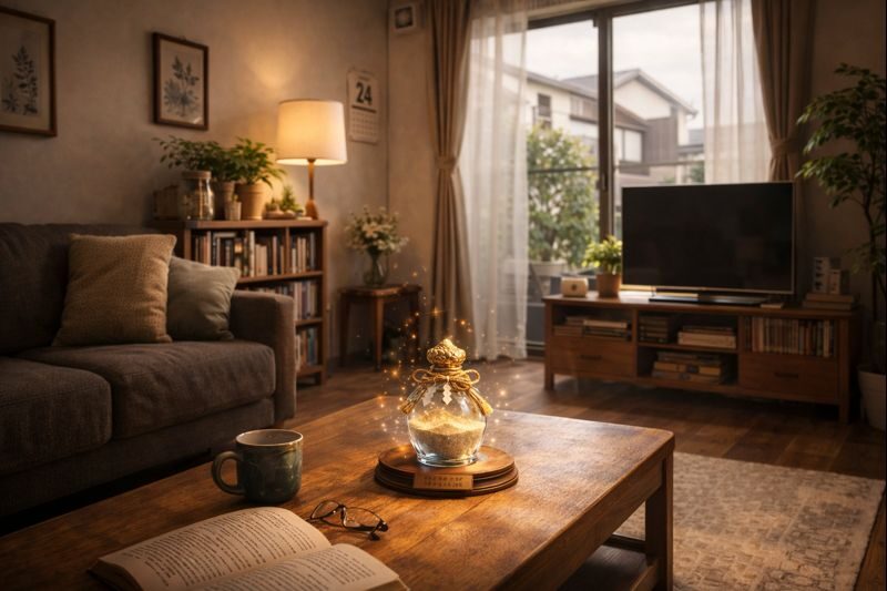 リビングで輝く砂のお守り